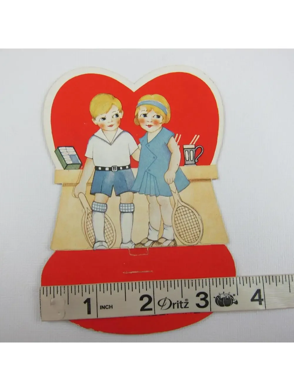 Vintage Valentine Die Cut Blonde Girl Boy Tennis Racket Soda Pop Red Heart Stand